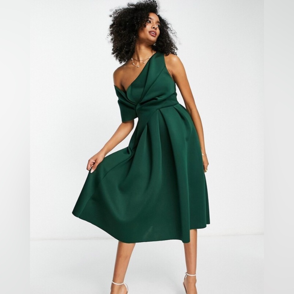 ASOS Wedding Guest Midi Dress Forest Green Bare Shoulder Scuba Size 12